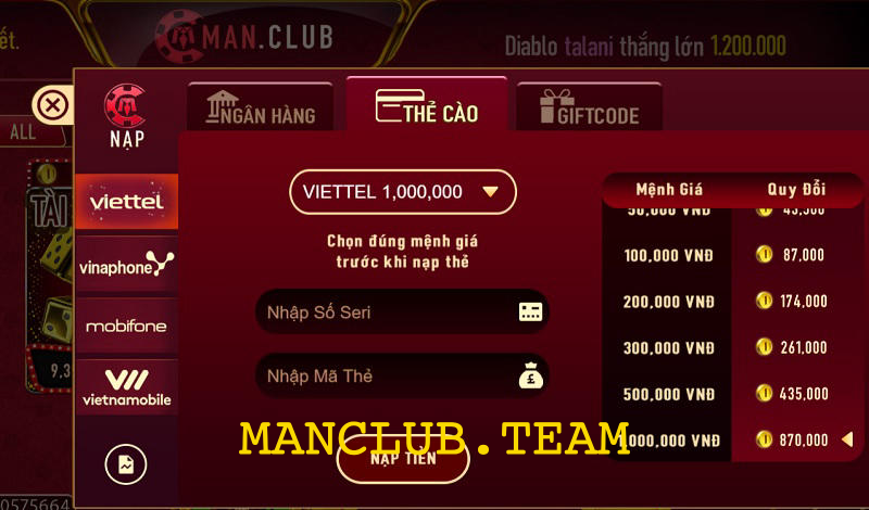 Nạp tiền Man Club thẻ cào